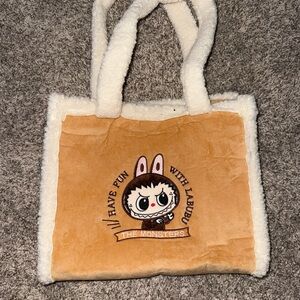 Cute Tan and White Tote Bag with Cartoon Design. Labubu inspired, non pop mart
